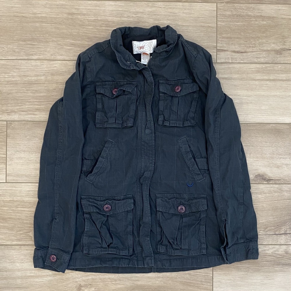 Stussy Girls Coat Size Medium Pockets Logo Embroidered Streetwear Full Zip Goth